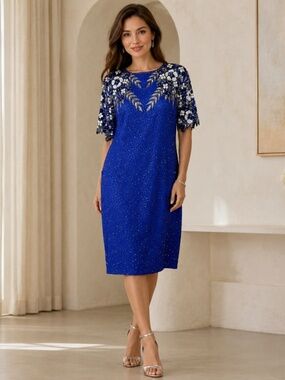 Stenay Vintage Silk Beaded Sequin Dress Blue Cocktail Party Evening Glam Size 16